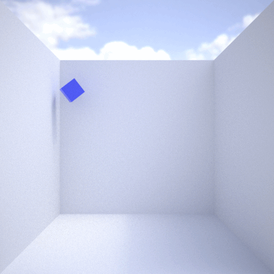 Blue elastic cube bouncing in a room