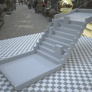 Golden squishy ball rolling down stairs